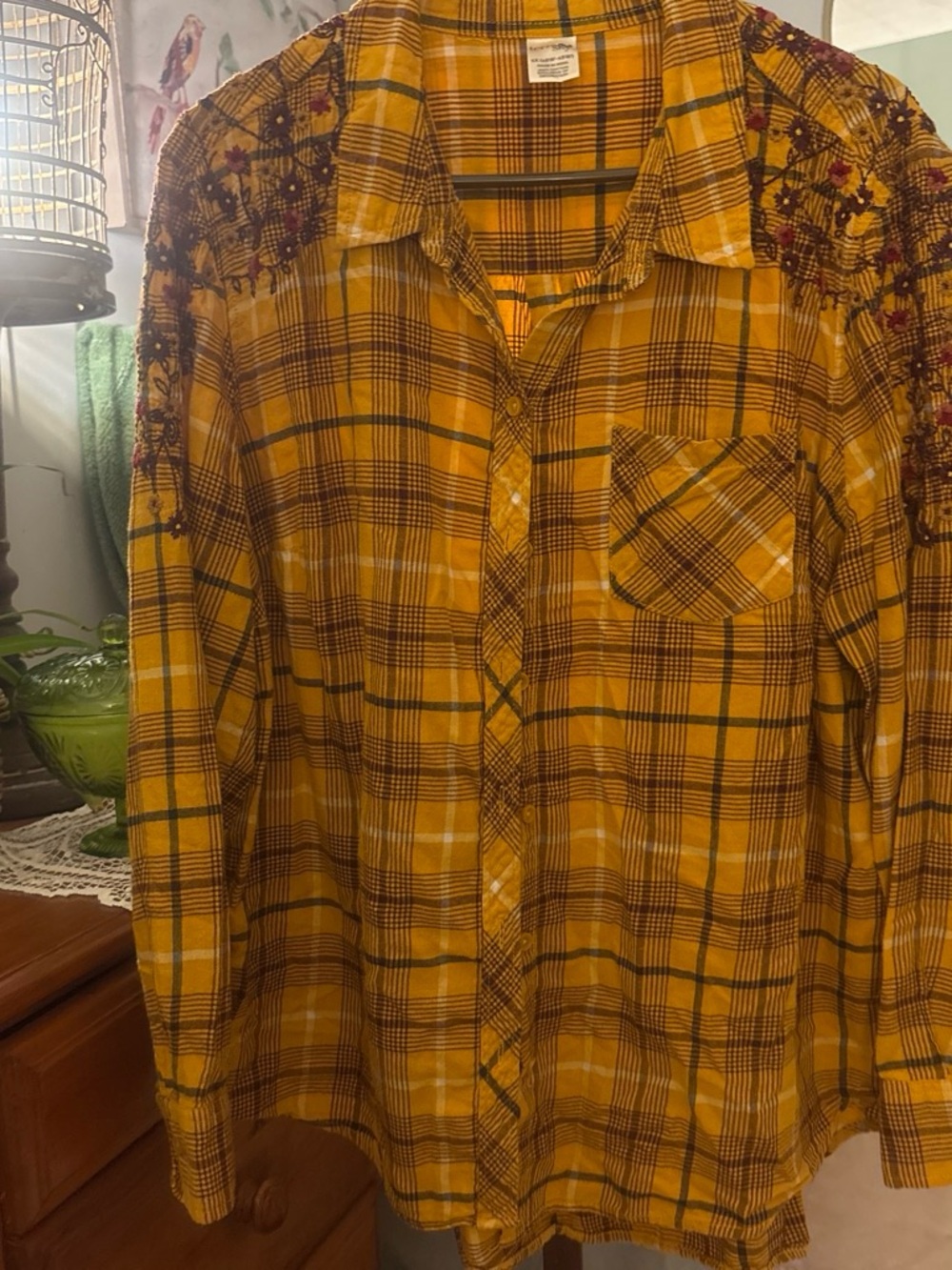 Terra & Sky Yellow Plaid Button-Down Shirt with Embroidered Shoulders